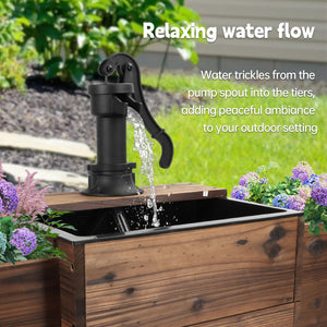 Outdoor Wooden Water Fountain with Hand Pump & Flower Box