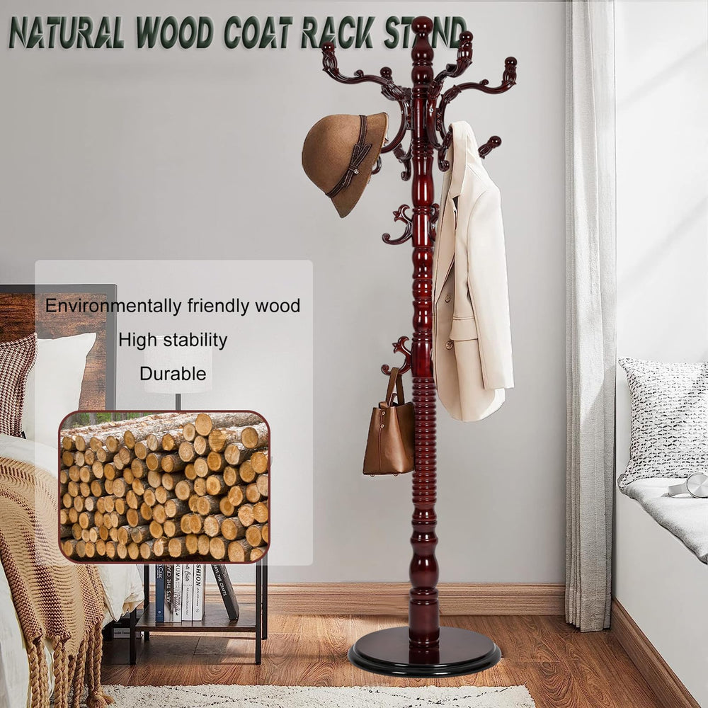 Wooden Coat Rack Stand with 14 Hooks, Adjustable Height