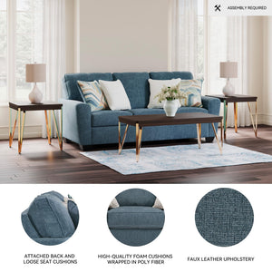 Blue Crosshatch Casual Sofa with Accent Pillows