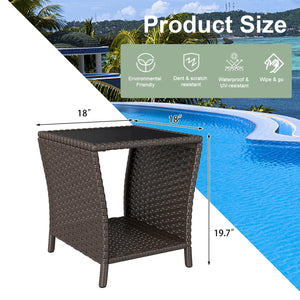 Outdoor Wicker Side Table Set of 2 with Tempered Glass Top & Storage Shelf