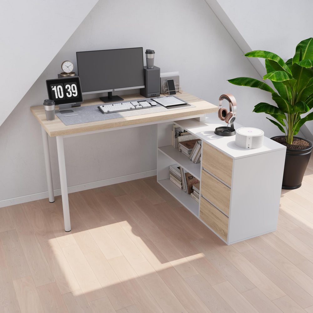 L-Shaped Corner Desk with Drawers and Open Shelves