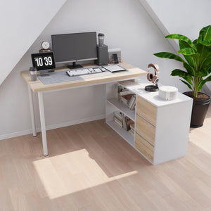 L-Shaped Corner Desk with Drawers and Open Shelves