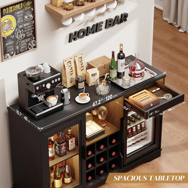 Bar Cabinet with Fridge, LED Lights & Wine Rack