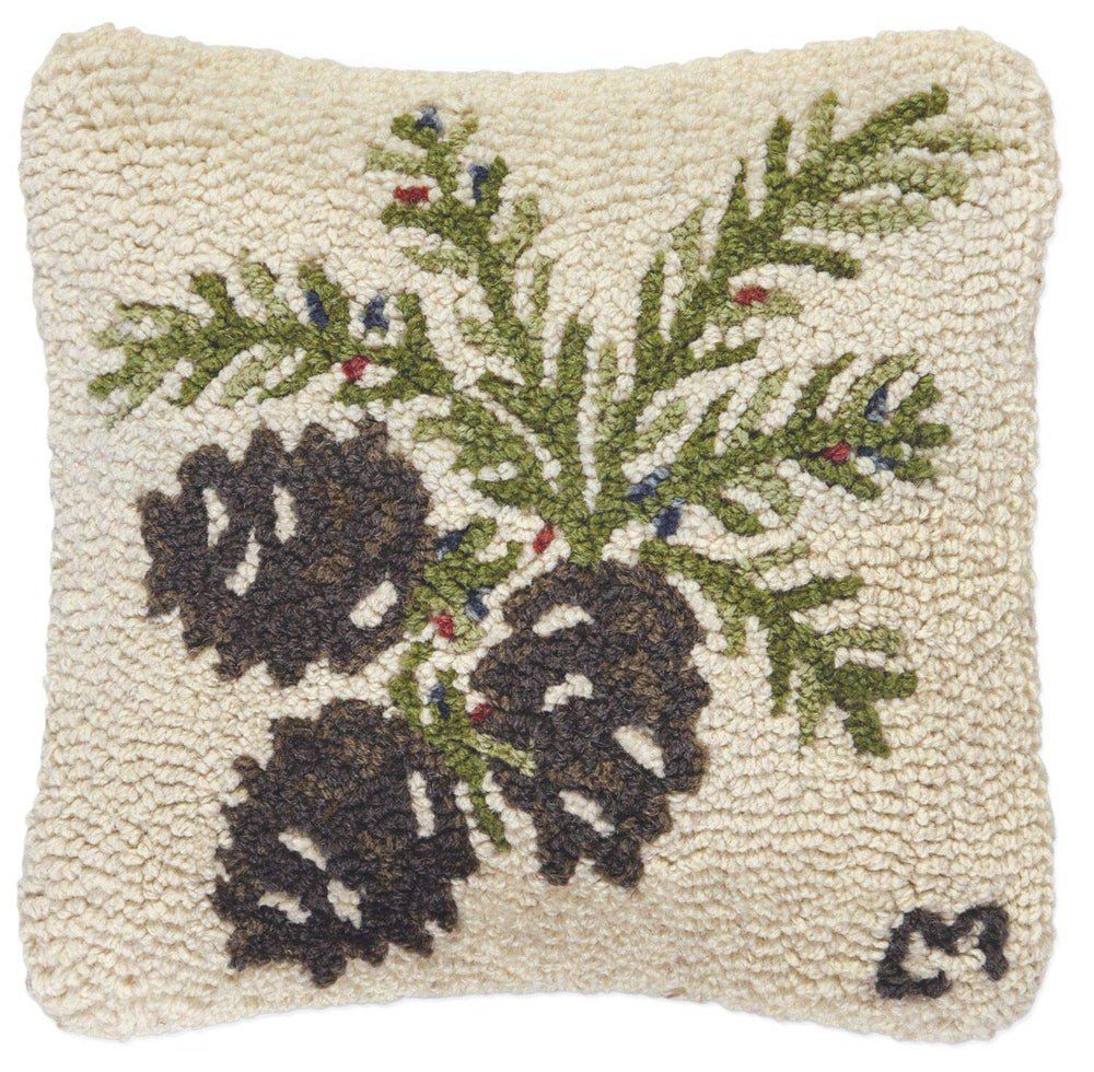 Hand-Hooked Wool Throw Pillow – Pinecones & Berries, 14x14, Off White