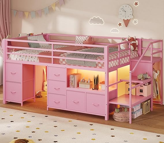 Twin Low Loft Bed with 7 Storage Drawers, LED Lights & Under-Bed Play Space