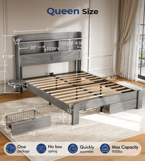 Queen Bed Frame with Storage Headboard, LED Lights & Charging Station