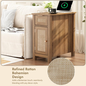 Narrow End Table with Charging Station – Midcentury Rattan Side Table with USB Ports & Storage
