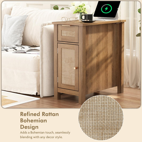 Narrow End Table with Charging Station – Midcentury Rattan Side Table with USB Ports & Storage