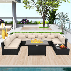 10-Piece Outdoor Wicker Patio Sectional Set with Fire Pit Table