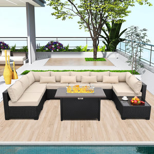 10-Piece Outdoor Wicker Patio Sectional Set with Fire Pit Table