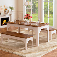 Farmhouse Dining Table Set with 2 Benches, 3-Piece, Brown & White