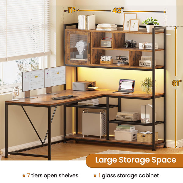 L-Shaped Computer Desk with LED Light and Bookshelf