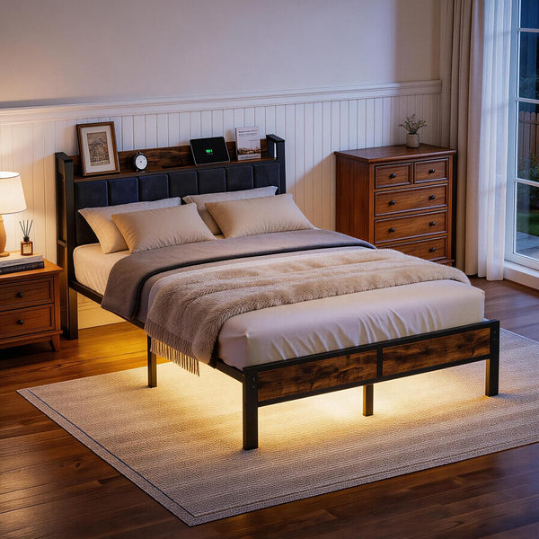 LED Platform Bed Frame with Charging Station & RGB Lighting