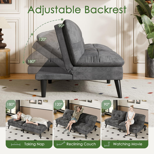 Velvet Futon Sofa Bed – Convertible Loveseat with Adjustable Backrest, Grey
