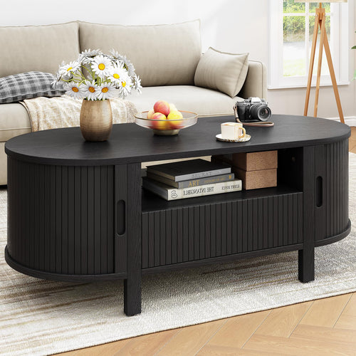 47.2" Oval Coffee Table with Storage, Drawer & Sliding Door