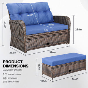 Outdoor Wicker Recliner Daybed Loveseat with Stowable Side Trays