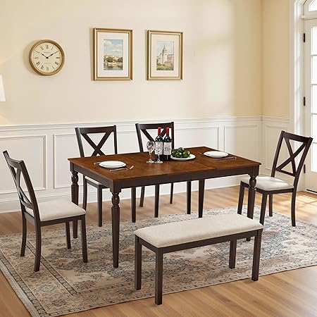 6-Piece Farmhouse Solid Wood Dining Table Set with Chairs and Bench