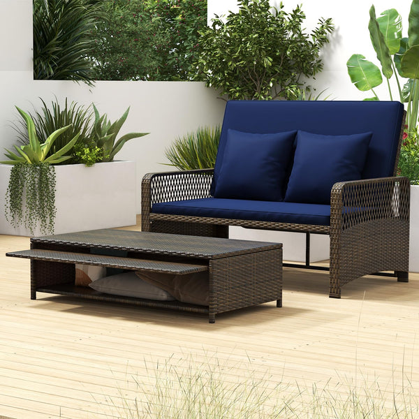 Outdoor Rattan Daybed Loveseat Set with Storage Ottoman & Cushions