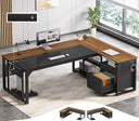 L-Shaped Executive Desk with Power Outlets, File Drawers & Storage