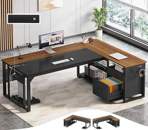 L-Shaped Executive Desk with Power Outlets, File Drawers & Storage