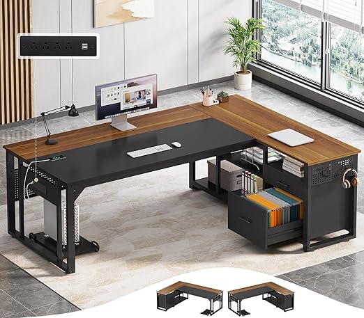 L-Shaped Executive Desk with Power Outlets, File Drawers & Storage