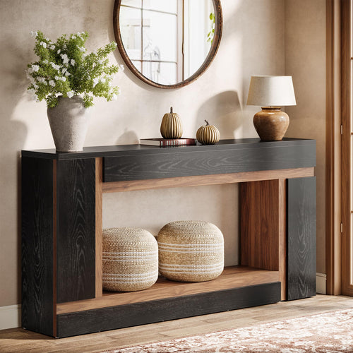 63-Inch 2-Tier Console Table – Black & Walnut