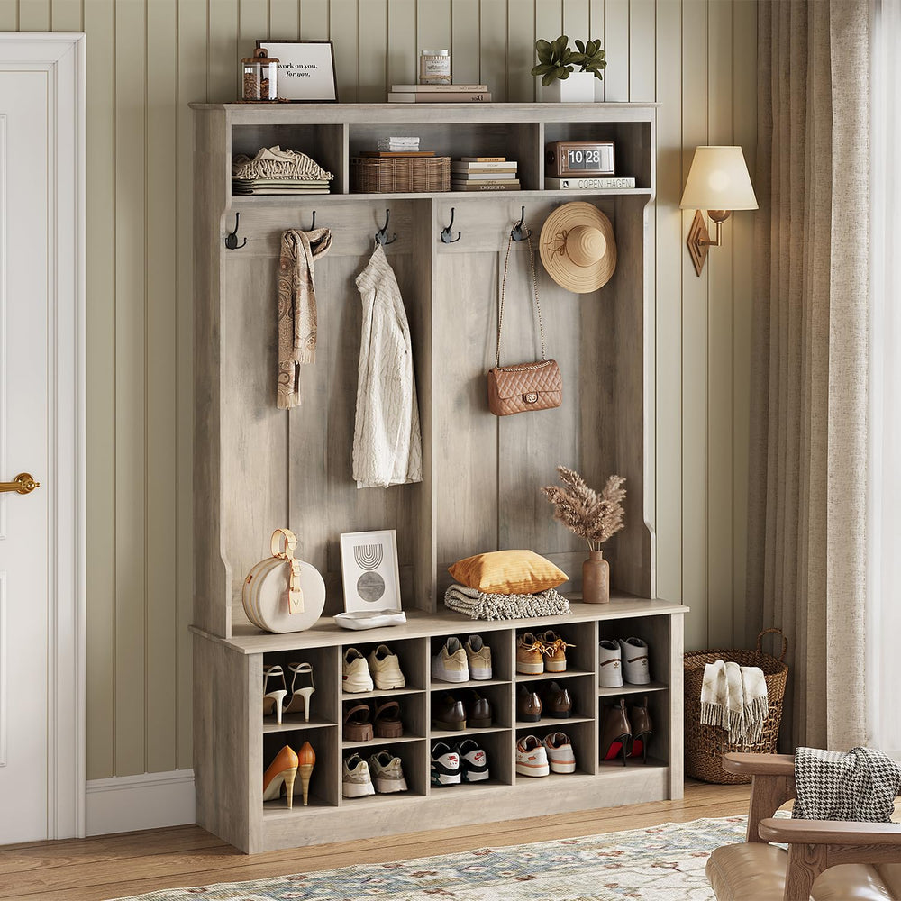 Farmhouse Hall Tree with Bench and Shoe Storage