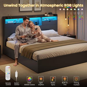 King Bed Frame with Storage Drawers, LED Lights & Charging Station