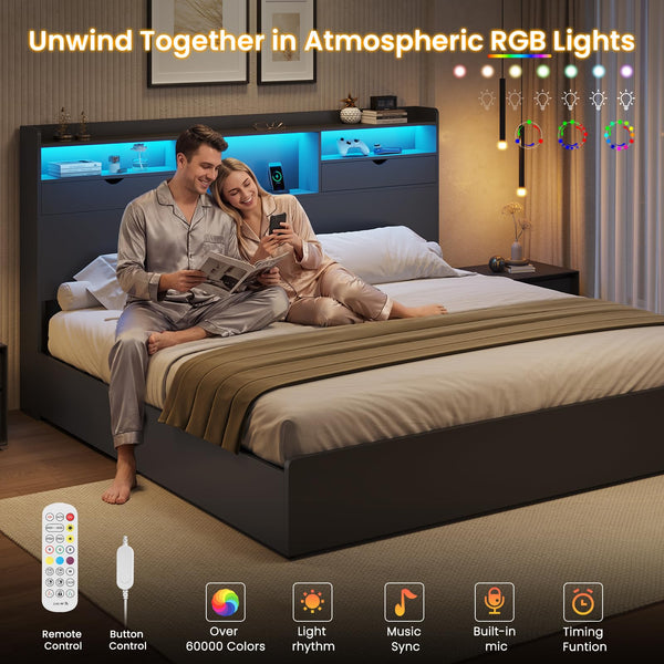 King Bed Frame with Storage Drawers, LED Lights & Charging Station