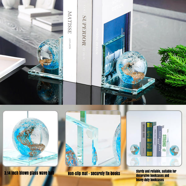 Glass Sea Wave Bookends Set of 2