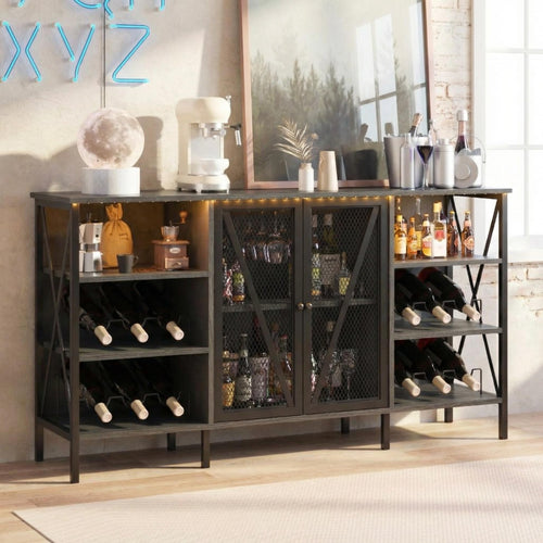 Rustic Wine Bar Cabinet with Wine Rack, Glass Holder & LED Light
