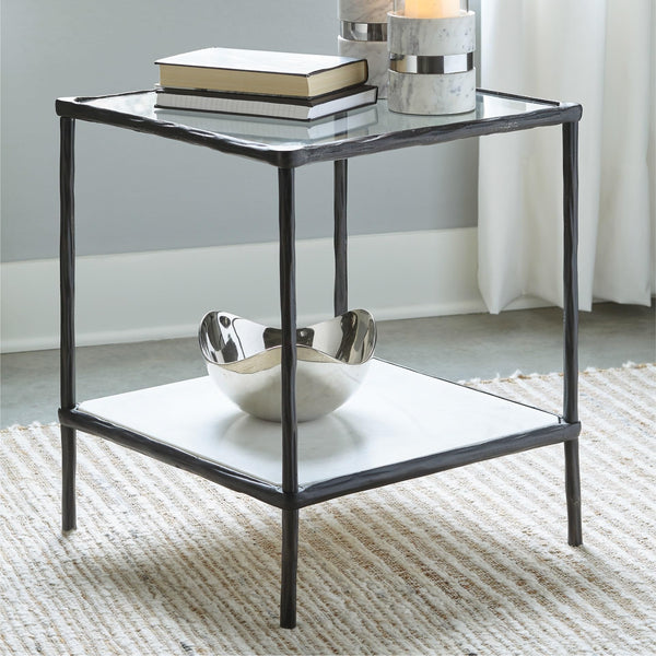 Glass Top Metal Accent Side Table with Marble Shelf