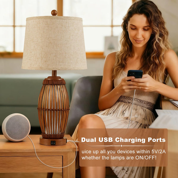 Bamboo Woven Table Lamp Set of 2 with Nightlight & USB Ports