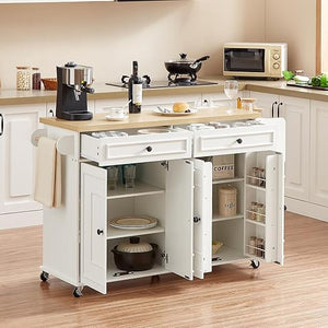58" Mobile Kitchen Island Cart with Power Outlet, Storage Cabinets & Spice Rack
