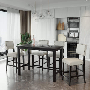 5-Piece Counter Height Dining Table Set – Wooden Table & 4 Upholstered Chairs, Beige & Black