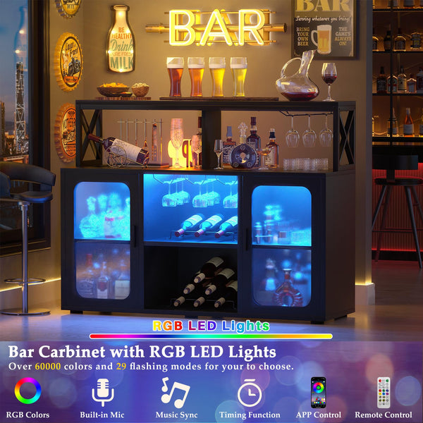 Bar Cabinet with LED Lights & Power Outlets