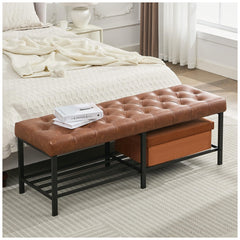 Tufted Faux Leather Storage Bench with Metal Frame
