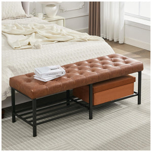 Tufted Faux Leather Storage Bench with Metal Frame
