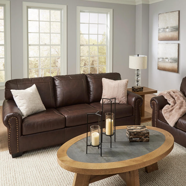 Traditional Leather Match Sofa with Nailhead Trim, Dark Brown