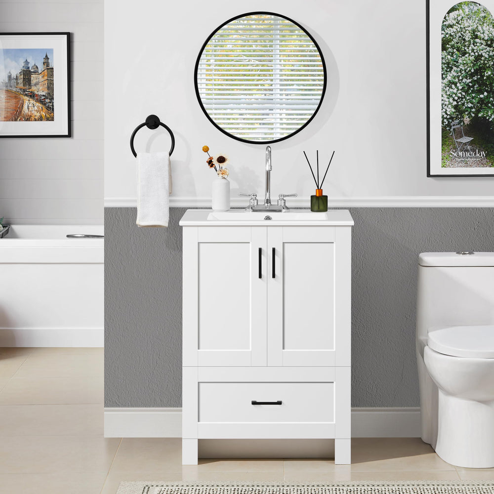 24.5" Freestanding Bathroom Vanity with Ceramic Sink, 2 Doors & Drawer – White