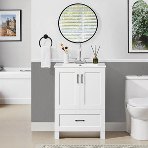 24.5" Freestanding Bathroom Vanity with Ceramic Sink, 2 Doors & Drawer – White