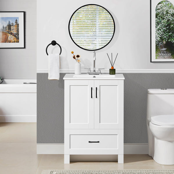 24.5" Freestanding Bathroom Vanity with Ceramic Sink, 2 Doors & Drawer – White
