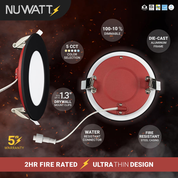 4-Inch Fire Rated LED Recessed Lights 12-Pack, 5CCT Dimmable Canless Wafer Downlights, Black
