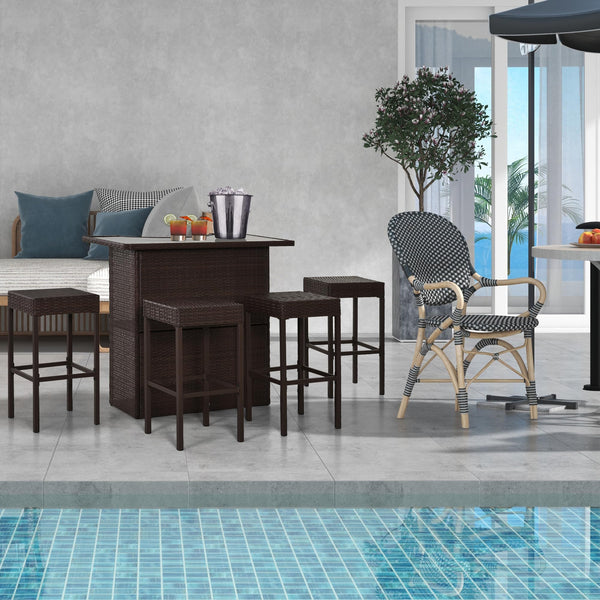 5-Piece Outdoor Rattan Wicker Bar Set with Glass Table & 4 Bar Stools