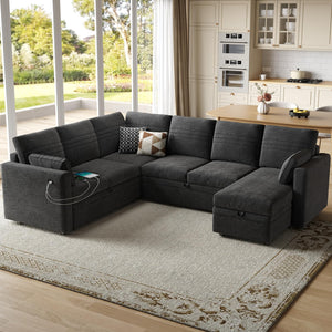 Modular Sectional Sleeper Sofa with Pull-Out Bed | 6-Seat U-Shaped Couch with Storage & USB Ports