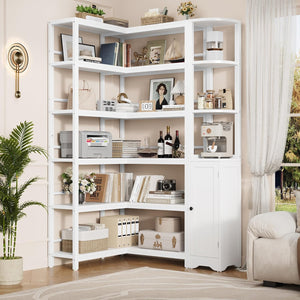 L-Shaped Corner Bookshelf with Cabinet, 6-Tier