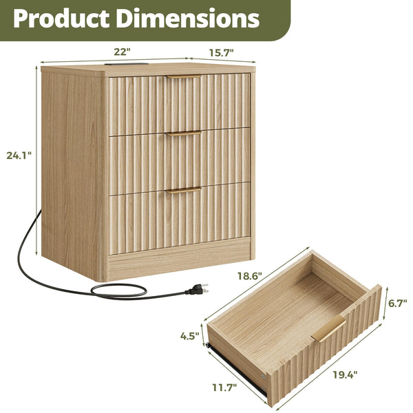Fluted Nightstand Set of 2 with Charging Station & 3 Drawers