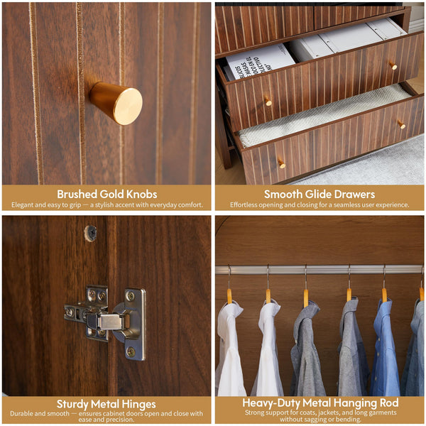 Arched Armoire Wardrobe Closet with Fluted Doors, Hanging Rod & 2 Drawers