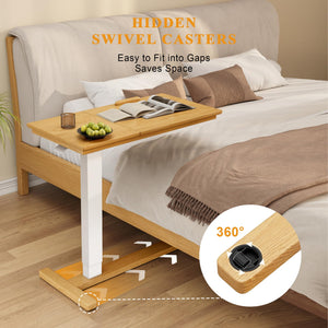 IUNVR Solid Wood Overbed Bedside Table with Hidden Casters, Adjustable Hospital Bed Table Rolling Laptop Desk with Split Dual Desktop & Pneumatic Gas Spring Lift for Hospital, Home Use (Natural)
