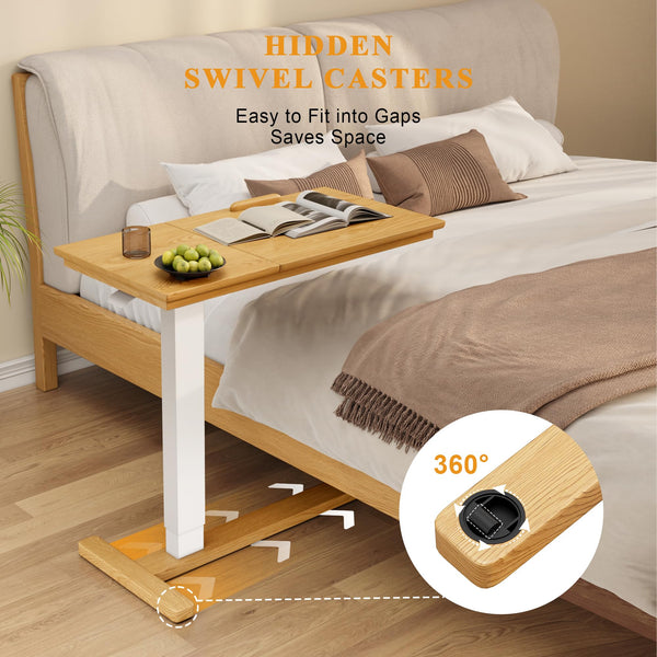 IUNVR Solid Wood Overbed Bedside Table with Hidden Casters, Adjustable Hospital Bed Table Rolling Laptop Desk with Split Dual Desktop & Pneumatic Gas Spring Lift for Hospital, Home Use (Natural)